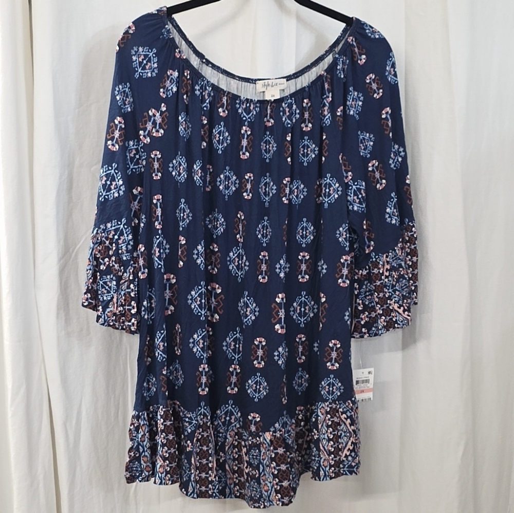 2X 3X Style & Co Boho Off Shoulder Navy Ikat Flutter Sleeve Babydoll Tunic Top